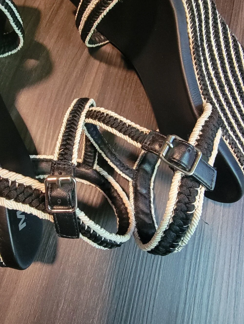 MIA Black and White Braided Wedge Sandals - Women's Ankle Strap